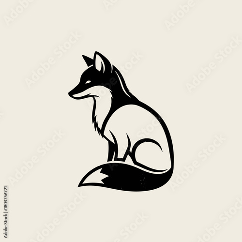 Elegant black and white fox illustration sitting attentively, minimalist design.