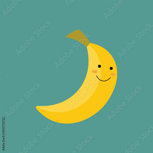 Adorable Yellow Banana Character with a Cheerful Smiling Face on a Teal Background, a Fun Fruit Illustration