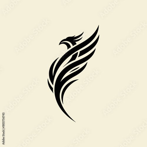 Elegant black phoenix bird logo design on a cream background.