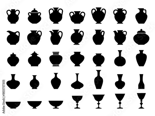 Pottery Vase Jar Urn Bowl Icon Set Silhouette, Including Vases, Jars, Bowls, Pitchers Etc. Vector Graphic Collection