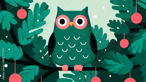 Illustration of a green owl perched on dense pine branches with hanging ornaments and snowfall, bright holiday forest scene with bold shapes and cozy winter mood