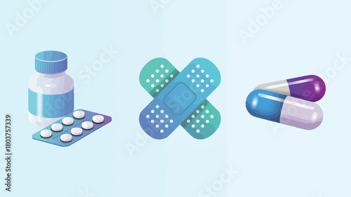 Medical treatment vector illustration showing pills bandages and a bottle for healthcare and pharmaceutical designs