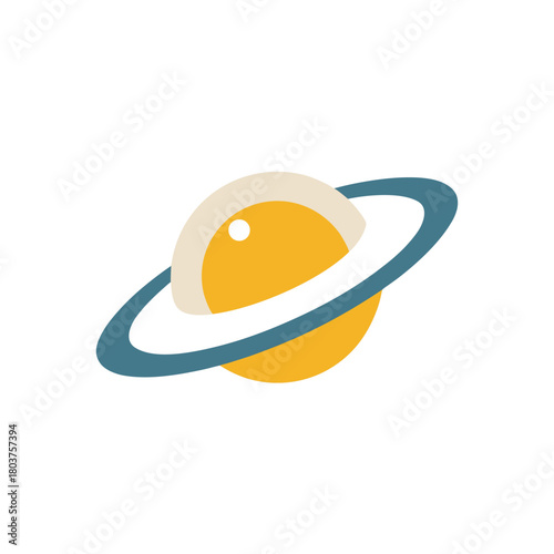 A minimalist vector icon of a yellow egg-shaped planet with a blue orbital ring. This simple flat design celestial body is isolated on a white background