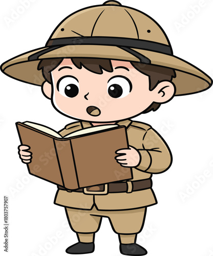 Cartoon explorer character, safari outfit, reading book, curious student, adventure theme, pith helmet, learning concept, vector illustration, discovery moment, tan uniform