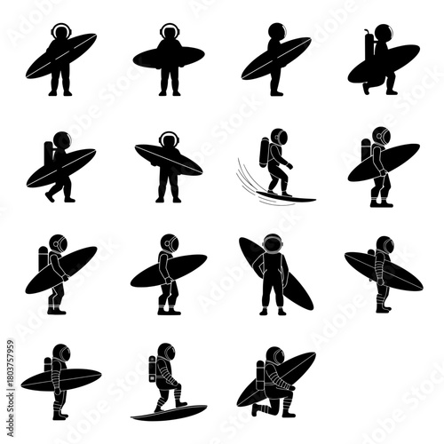 astronaut surfer spaceman surfboard vector set. space travel sport vector illustration