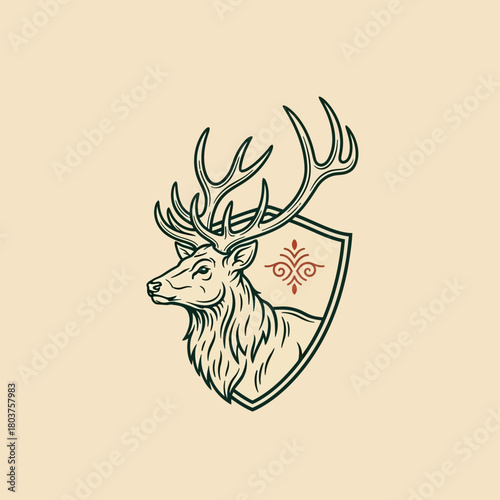 Majestic Deer Head with Antlers and Ornate Shield Emblem.