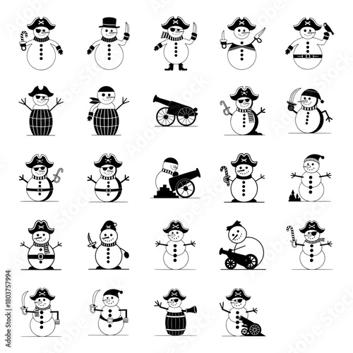 pirate snowman christmas holiday winter icons set. eye patches, sabers, scarves and cannons. vector illustration