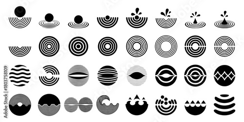 Abstract Water Drop Ripple and Circle Wave Splash Icon Set, Minimalist Concentric Line Vector Illustration. useful for nature, fluid or sound vibration concepts.