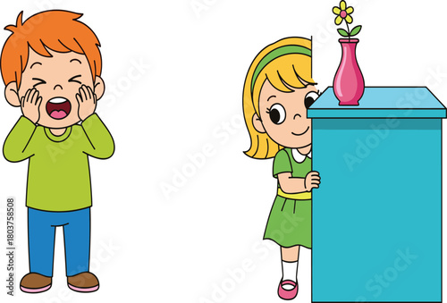Cartoon children playing hide and seek, excited boy shouting, girl hiding behind table, playful scene, childhood fun, indoor, colorful illustration
