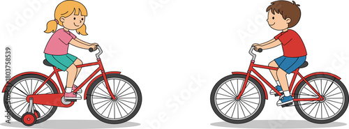 Cartoon children riding bicycles, girl with training wheels, boy cycling independently, outdoor activity, childhood development, playful scene, colorful illustration, learning to ride