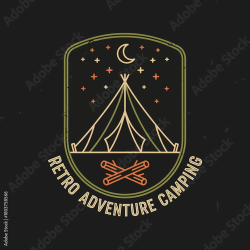 Retro Adventure Camping Badge with Tent, Moon, Stars, and Campfire.
