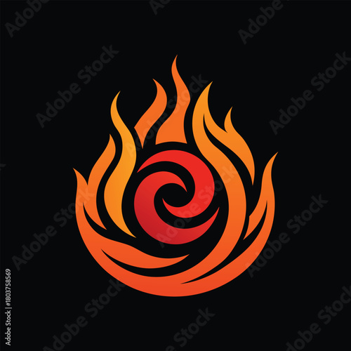 Stylized fire flame swirl symbol with dense decorative lines. Abstract vector logo icon of a circular fiery vortex on a black background