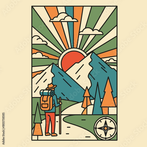 Retro style illustration of a hiker exploring the mountains.