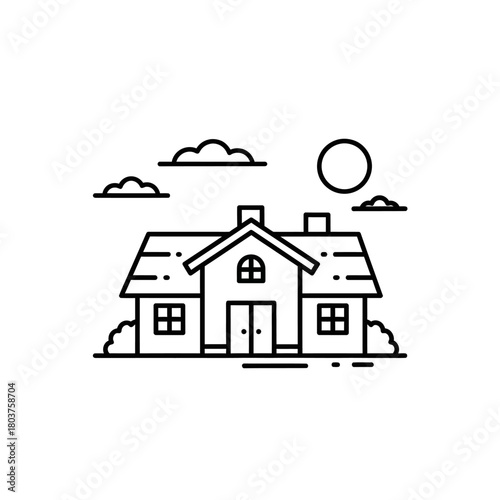Simple Line Art Drawing of a House with Windows and Chimneys.