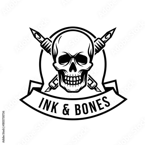 Skull with crossed tattoo machines and banner text Ink and Bones.