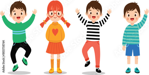 Cartoon children standing together in colorful outfits with joyful and neutral expressions, diverse fashion styles, kids character design vector illustration