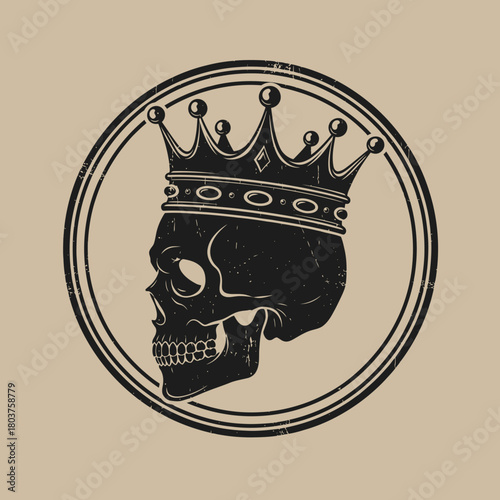 Skull Wearing Crown in Circle Frame, Dark Silhouette.