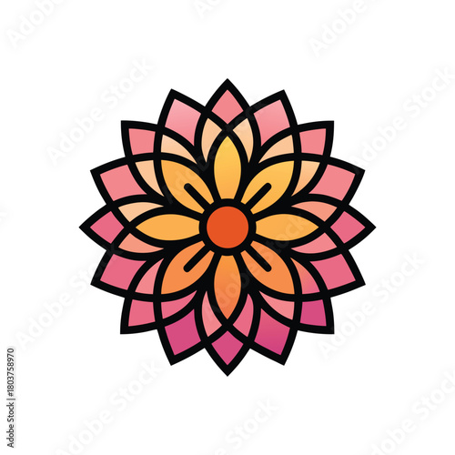 Vibrant bohemian style mandala flower icon with a geometric design and layered petals in a warm color gradient