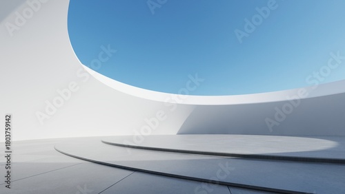 Fototapeta Naklejka Na Ścianę i Meble -  Abstract curved architecture background, Empty space with concrete floor, Futuristic modern building backdrop, 3d rendering
