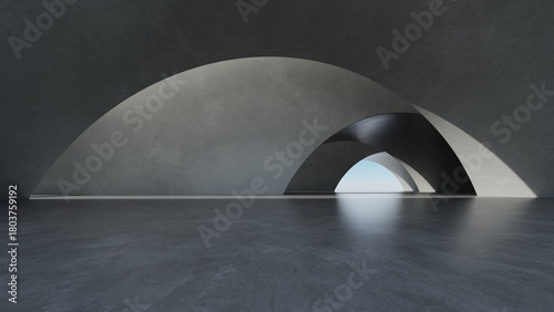 Fototapeta Naklejka Na Ścianę i Meble -  Abstract curved architecture background, Empty space with concrete floor, Futuristic modern building backdrop, 3d rendering