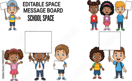 Cartoon children, blank signs, editable space, message board, school theme, diverse kids, colorful outfits, 