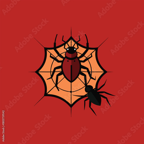 Minimalist flat design icon of a brown beetle and a black spider on an intricate orange spiderweb over a bold red background