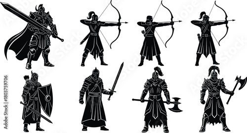 Illustration of set of ancient warriors silhouettes with swords, bows, and axes, depicting historical figures or fantasy characters in a black and white illustration