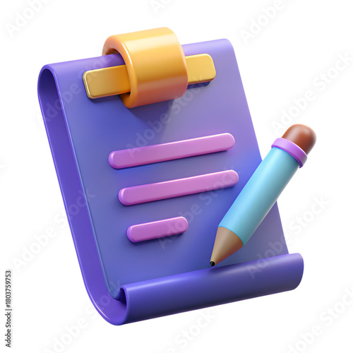 Playful 3D Rendered Note Icon with Pencil and Rolled Paper for Web and App Design