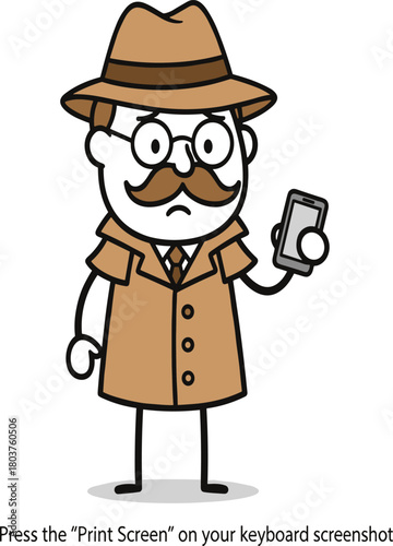 Cartoon detective character, brown trench coat, fedora hat, smartphone in hand, serious expression, mystery theme, investigation concept, digital tutorial art