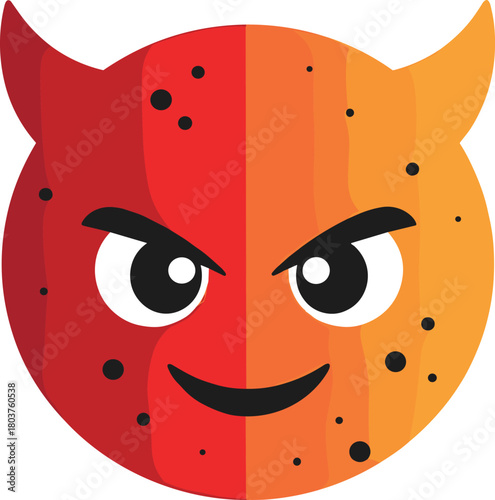 Cartoon devil face, mischievous emoji, gradient red orange character, fantasy icon, expressive horns, sly smile, evil emotion, vector illustration