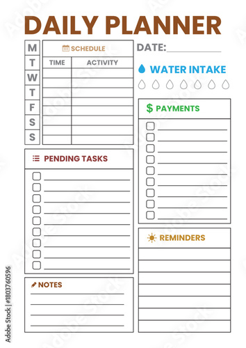 Modern Daily Planner Template with Water Intake, Payments & Task Lists