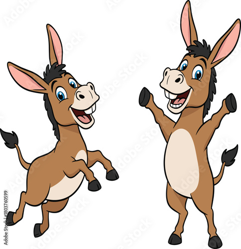 Cartoon donkey illustration, happy farm animal, playful donkey character, children’s book art, cute donkey drawing, animated animal pose, cheerful expression
