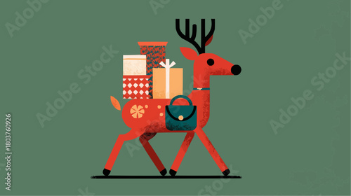 Red reindeer carrying gifts on green background for greeting cards, holiday packaging, and web banners, with space for text