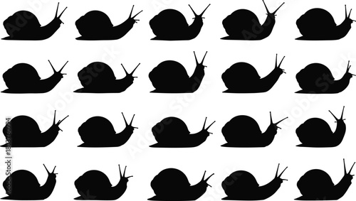 Illustration of a multitude of snail silhouettes are arranged in a grid pattern against an isolated on, creating a visually interesting and repetitive design