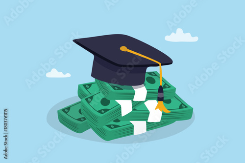 Education cost, student loan or tuition academic expense, learning opportunity to growth, diploma or scholarship funding, money banknote with graduated cap mortarboard as educational expense.