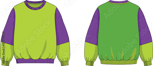 Illustration of front and back view of a vibrant green sweatshirt with purple striped sleeves isolated on, showcasing modern design and comfortable style