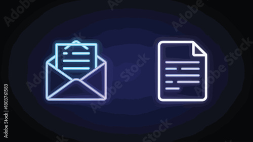 Neon email and document icons glowing line art vector symbols for business communication isolated on dark background