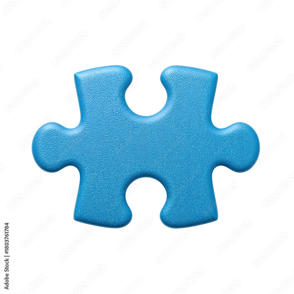 Obraz premium Single blue puzzle piece isolated on the transparent background, closeup of textured jigsaw element for game, learning, autism awareness, problem solving concept