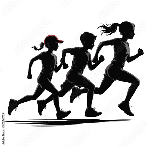 Silhouettes of three children running with a red cap