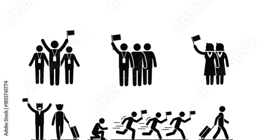 Vector illustration of people with flags and luggage pictogram set