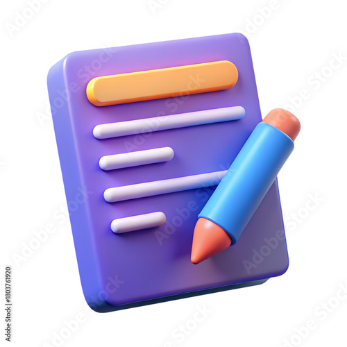 Stylish 3D Rendered Note Icon Featuring Pencil and Geometric Shapes for Web Use