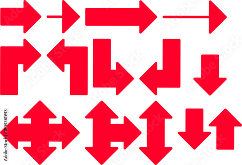 Bold red arrow icons in multiple directions and shapes, forming a dynamic navigation symbol set ideal for signage, UI elements, infographics, and graphic design projects.
