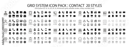 A unified contact icon set (20 styles included), featuring a grid and keyline, meticulously designed,Editable strokes,Grids used: 8,10,16,20,24,32,40-division grid.