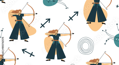 A woman dressed in blue shoots an arrow from a bow.