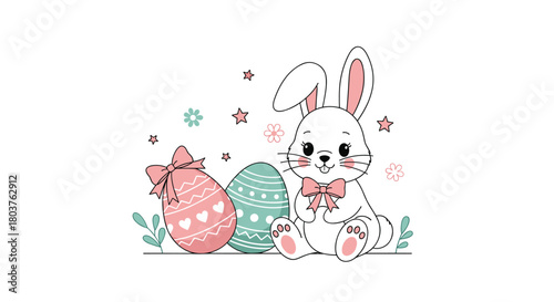Adorable white Easter bunny with a pink bow sits beside two beautifully decorated Easter eggs, surrounded by spring flowers and stars.