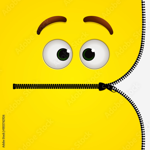 Yellow face with mouth partially closed with a zipper. Creative EPS illustration for marketing. Vector Image; Easily Editable; Colorful lIlustration.