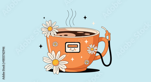 Whimsical illustration of a steaming coffee cup resembling a vintage gas pump, featuring a cute gauge, daisies, and sparkles, symbolizing a fresh start.