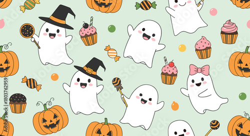 Playful and festive Halloween seamless pattern with cute cartoon ghosts, carved pumpkins, sweet treats, and colorful candies on light green.
