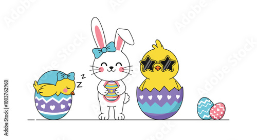 An adorable Easter cartoon illustration featuring a sleeping chick, a cheerful bunny holding an egg, and a cool chick wearing sunglasses.