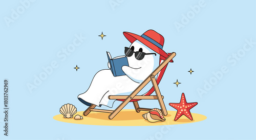 A friendly cartoon ghost in a red sun hat and sunglasses relaxes on a sunny beach, reading a book in a deck chair by the sea.